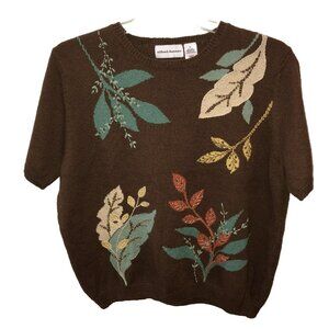 Alfred Dunner Size XL Sweater Leaves Beaded Embroidered Brown Grandma Fall